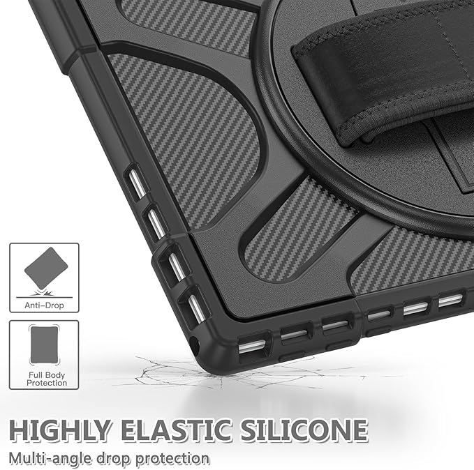 Junfire Protective Case for Microsoft Surface Pro 7 Plus, Surface Pro 7/6/5/4 Shockproof Rugged Case with 360°Rotating Kickstand/Hand Strap/Stylus Holder, Compatible with Type Cover Keyboard,Black