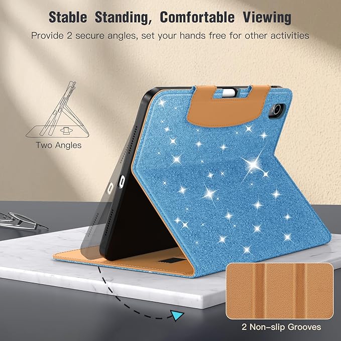 MoKo for iPad (A16) 11th Generation Case 11 inch 2025, iPad 10th Generation Case 10.9" 2022 with Pencil Holder & Pocket, Premium Leather Folio Stand Cover, Multiple Viewing Angles,Glitter Sky Blue