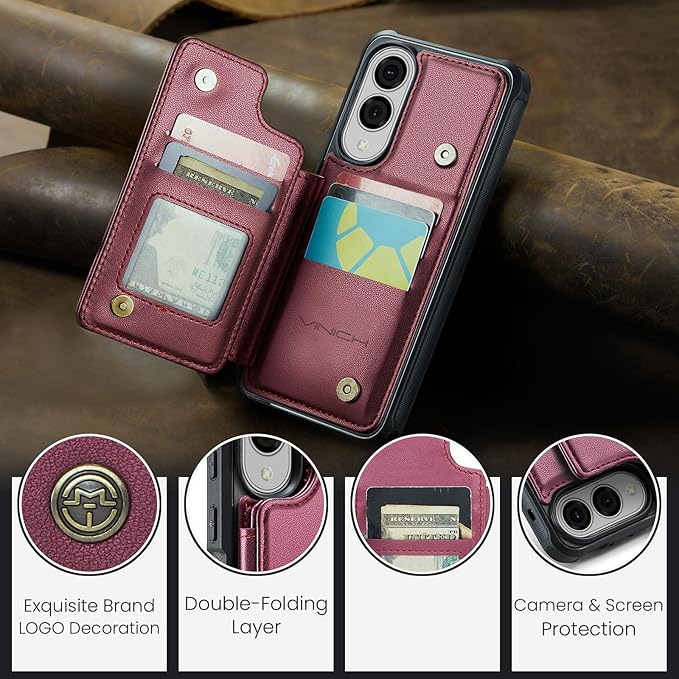 Vinich for Samsung Galaxy S25 Edge Wallet Case with Card Holder, RFID Blocking Credit Slots Kickstand Shockproof Phone Cover for Women Men, Wine Red