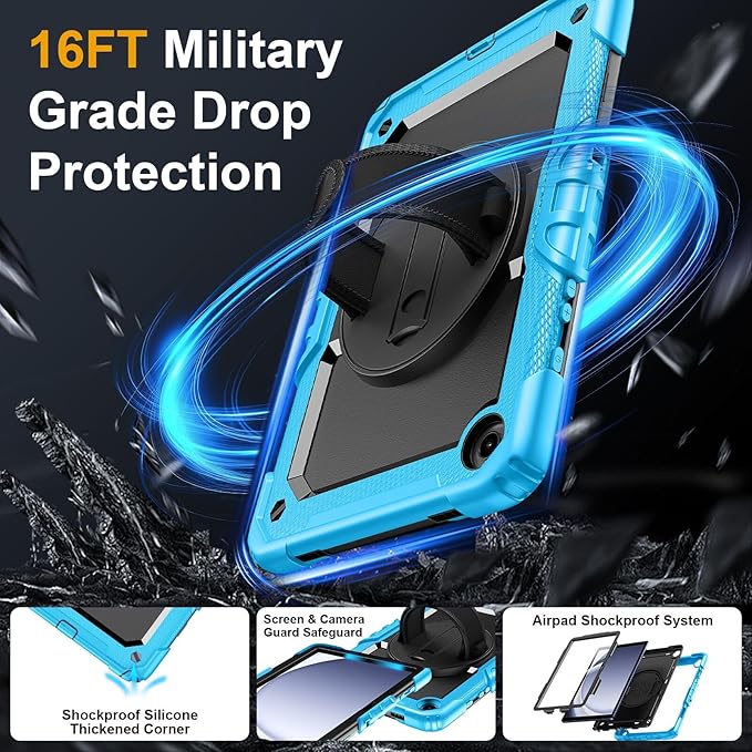 Case for Samsung Galaxy Tab A9+/A9 Plus 11 Inch 2023(SM-X210/X216/X218), Ubearkk Full-Body Drop Protection Case with Screen Protector, 360° Rotating Stand and Hand/Shoulder Strap, Brightblue