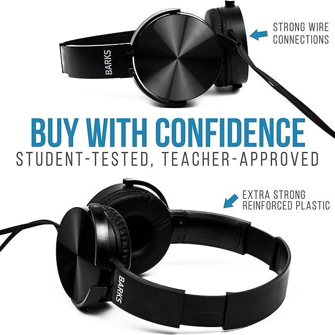 Barks Classroom Headphones (10 Pack): On-Ear Premium Student Bulk Headphones: Perfect for Kids, Grades K-12, Schools & for Class Sets (Great Value, Durable, Noise Reducing, Comfortable, Easy-to-Clean)