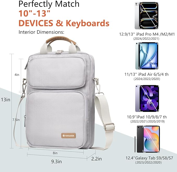 10-13 Inch Tablet Sleeve Bag, Ipad Bag for 13 In/11 in New iPad Pro M4 & 13 in Air M2 2024,iPad Pro 12.9 M2&M1,Ipad 10.9,Galaxy Tab S8+/S9+ 12.4,with Removable Shoulder Strap(Silver)