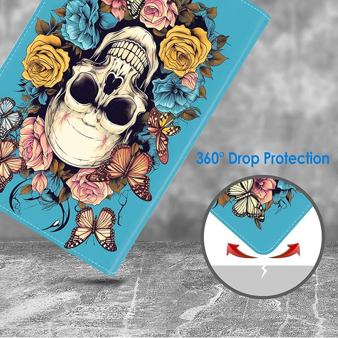 Case for Samsung Galaxy Tab A9 Plus 11 Inch 2023 Model (SM-X210/X216/X218), Slim Lightweight PU Leather Stand Cover with Auto Wake/Sleep, Skull Flower Butterfly