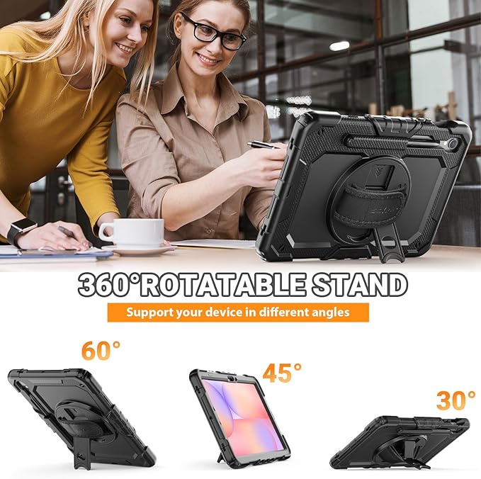 SEYMAC Case for Samsung Galaxy Tab S10 Lite/ S10 FE/ S9 FE/ S9 5G (10.9''/11''), Heavy Duty Shockproof Protective Case with Screen Protector, Rotating Stand, Hand Strap and Pen Holder, Black