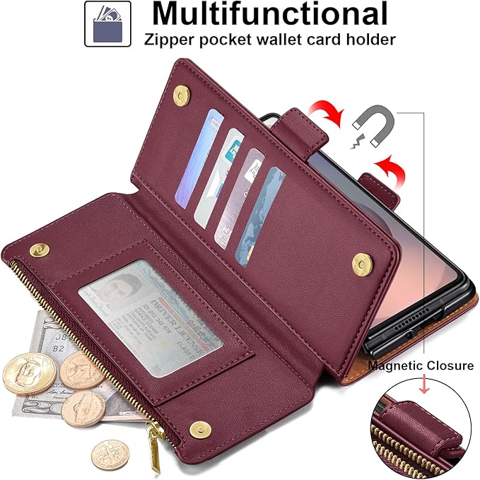 Antsturdy Compatible with Samsung Galaxy Z Fold7 Case Wallet with Card Holder,Z Fold 7 5G Phone Case with Strap Shockproof PU Leather RFID Blocking Flip Cover Credit Card Slots Women Men,Wine Red