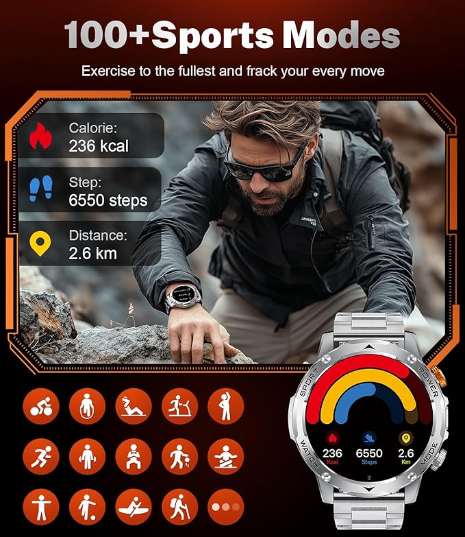 Military Smart Watches for Men(3 Bands),1000mAh/1.75" HD Large Screen Smartwatch, Flashlight/110+ Sports Modes/IP68 Waterproof/Sleep Monitor Fitness Tracker Watch for Android iOS, Silver
