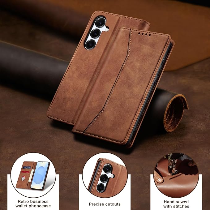 Jasonyu Flip Wallet Case for Samsung Galaxy S25,Leather Magnetic Folio Cover with Card Holder,Kickstand - TPU Shockproof Durable Protective Phone Case,Brown