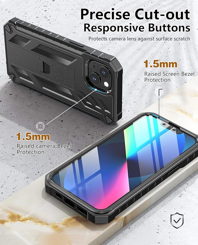 for iPhone 13/14 Protective Case: for iPhone 16e Cover with Belt Clip Holster | Durable Dual-Layer Design with Built-in Kickstand | Heavy Duty Military Grade Hard Protection Shock Proof Black