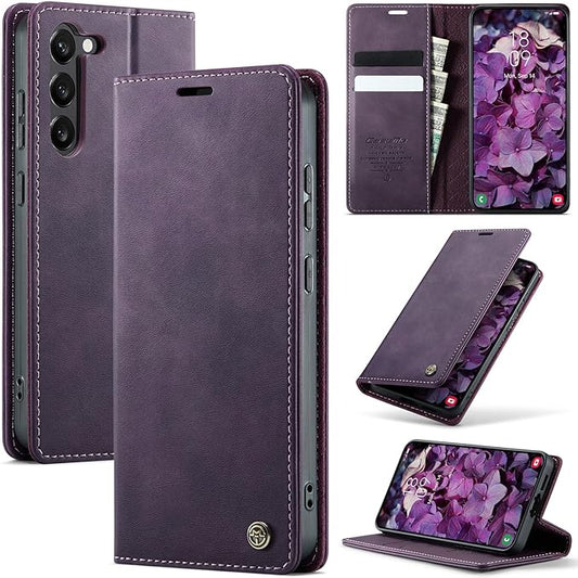 Wallet Case for Samsung Galaxy S23 5G Leather Wallet Flip Cover with Card Holder, Kickstand, Magnetic Closure, RFID Blocking TPU Shockproof Phone Case Compatible with Galaxy S23, Purple