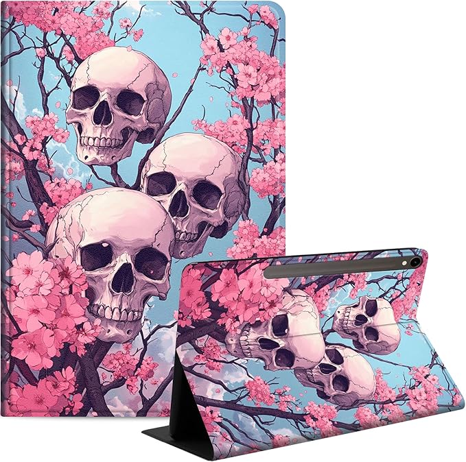 Case for Samsung Galaxy Tab S10 FE/ S9 FE 5G 10.9 Inch/Tab S9 11 Inch, Slim PU Leather Stand Cover with Auto Wake/Sleep, Multi-Angle Viewing & Shockproof, Three Skulls