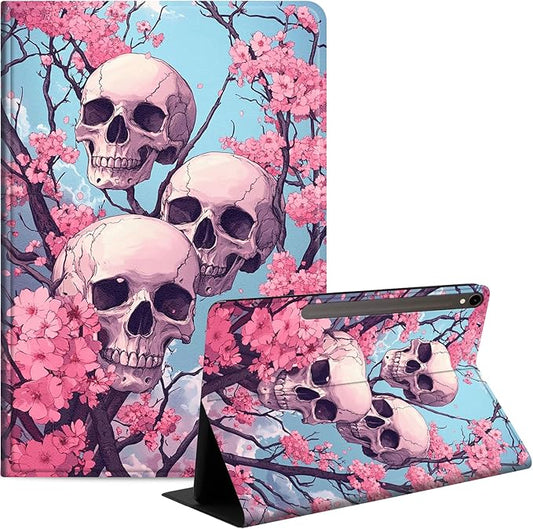 Case for Samsung Galaxy Tab S10 FE/ S9 FE 5G 10.9 Inch/Tab S9 11 Inch, Slim PU Leather Stand Cover with Auto Wake/Sleep, Multi-Angle Viewing & Shockproof, Three Skulls