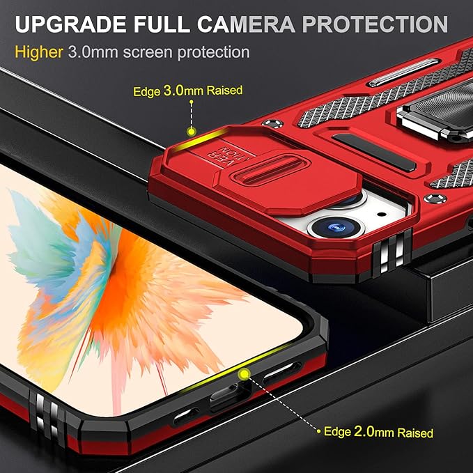 Phone Case for iPhone 14 Plus Case with Finger Ring Holder Stand, with Slide Camera Cover, fit Magnetic Car Mount, for iPhone 14 Plus (Red)