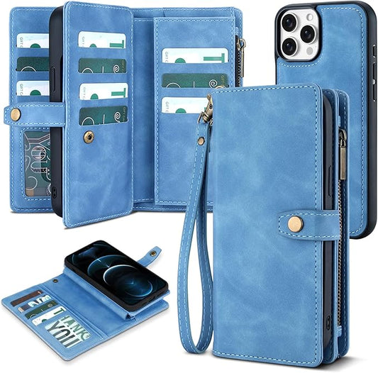 TwoHead for iPhone 12 Pro Max Wallet Case with Card Holder,Detachable Magnetic 12 Pro Max Phone Case, PU Leather Shockproof Protective Cover Wallet for Women/Men,6.7IN,Sky Blue