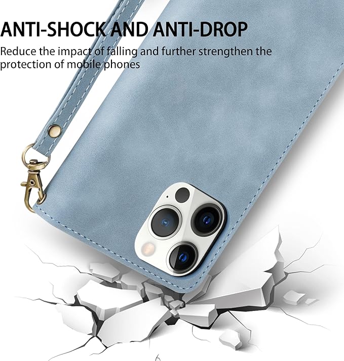 ZZXX for iPhone 14 Pro Case Wallet with [RFID Blocking] Card Slot Premium PU Leather Zipper Flip Folio with Wrist Strap Kickstand Protective Cover for iPhone 14 Pro Wallet Case(Light Blue-6.1 inch)