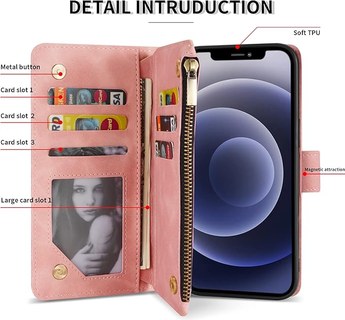 ZZXX for iPhone 12 Case Wallet,iPhone 12 Pro Wallet Case with Card Slot Premium Soft PU Leather Zipper Flip Folio Wallet with Wrist Strap Kickstand Protective for iPhone 12 Wallet Case(Pink 6.1 inch)