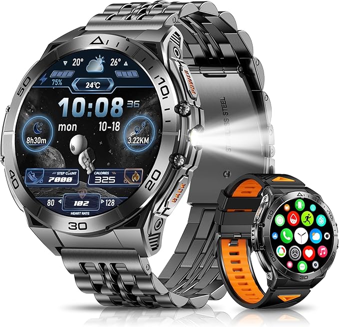 Military Smart Watch with LED Flashlight for Men, 1.6" AMOLED Bluetooth Call Watch, IP68 Waterproof Fitness Tracker with Heart Rate, SpO2, Sleep Monitor, Compatible with Android/iOS