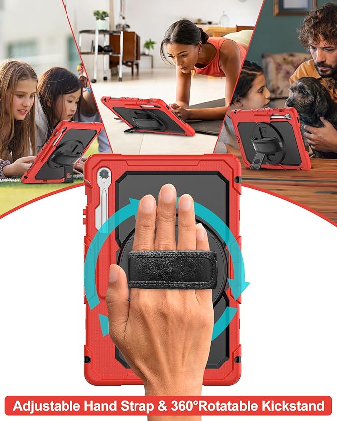 Case for Samsung Galaxy Tab S10 FE Plus 5G Tablet 13.1'', Shockproof Protective Cover with Tempered Glass Screen Protector, Rotatable Kickstand, S Pen Holder, Hand/Shoulder Strap, Red