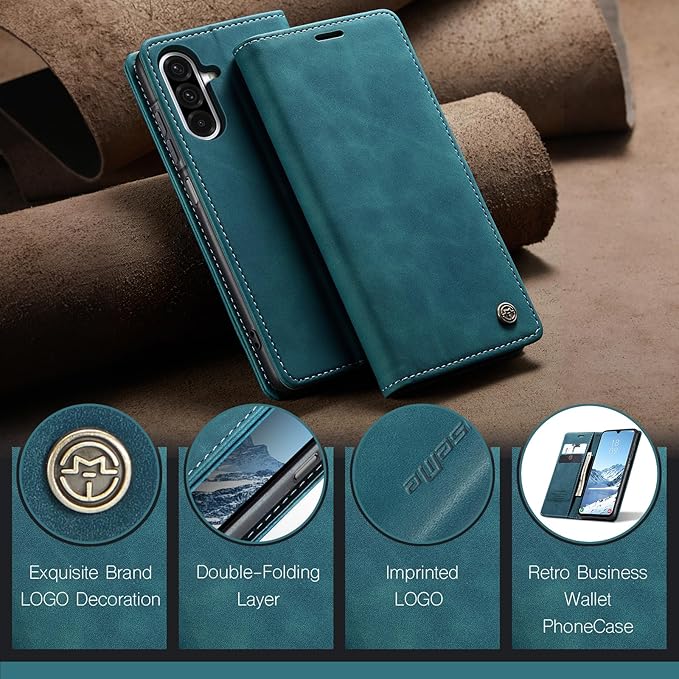 for Samsung Galaxy A17 Case, Flip Wallet Leather Case with Card Holder Magnetic Closure Shockproof Kickstand Protective Phone Cases Cover for Galaxy A17, Blue-Green
