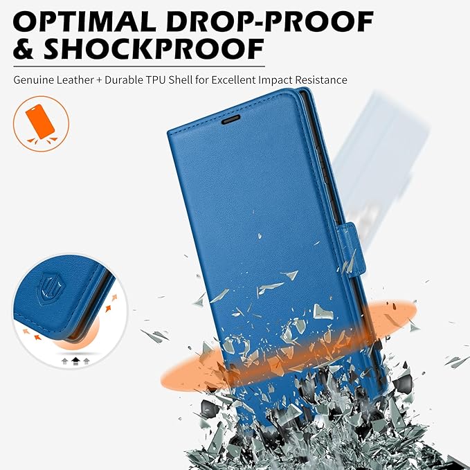 SHIELDON Case for Galaxy S25 Ultra 6.9", Genuine Leather Wallet RFID Blocking Card Holder Kickstand Magnetic Shock Absorbing Protective Case Compatible with Galaxy S25 Ultra - Nappa Sapphire Blue