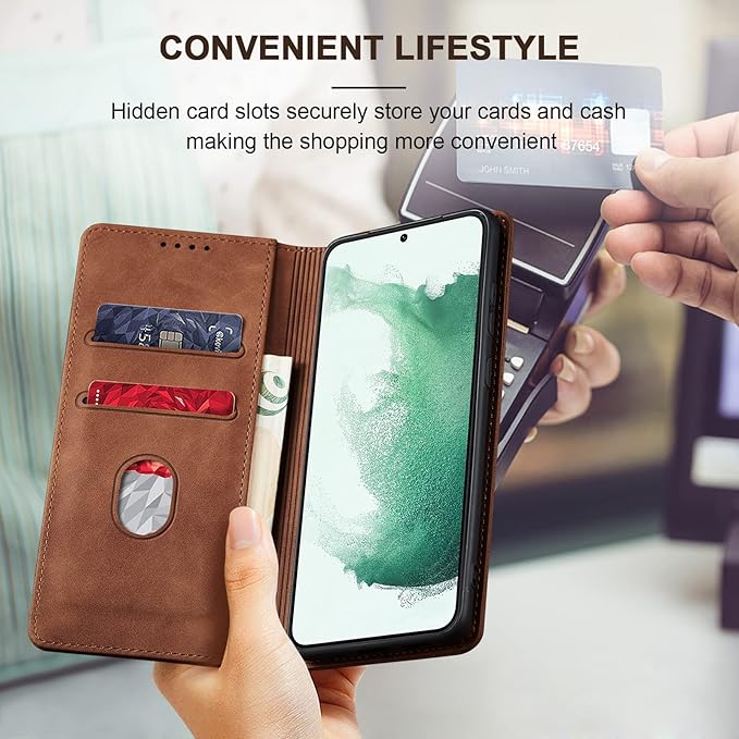 Jasonyu Flip Wallet Case for Samsung Galaxy S22 5G,Leather Magnetic Folio Cover with Card Holder,Kickstand - TPU Shockproof Durable Protective Phone Case,Brown