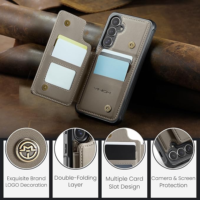 Vinich for Samsung Galaxy S25 Plus Wallet Case with Card Holder, RFID Blocking Credit Slots Kickstand Shockproof Phone Cover for Women Men, Gray