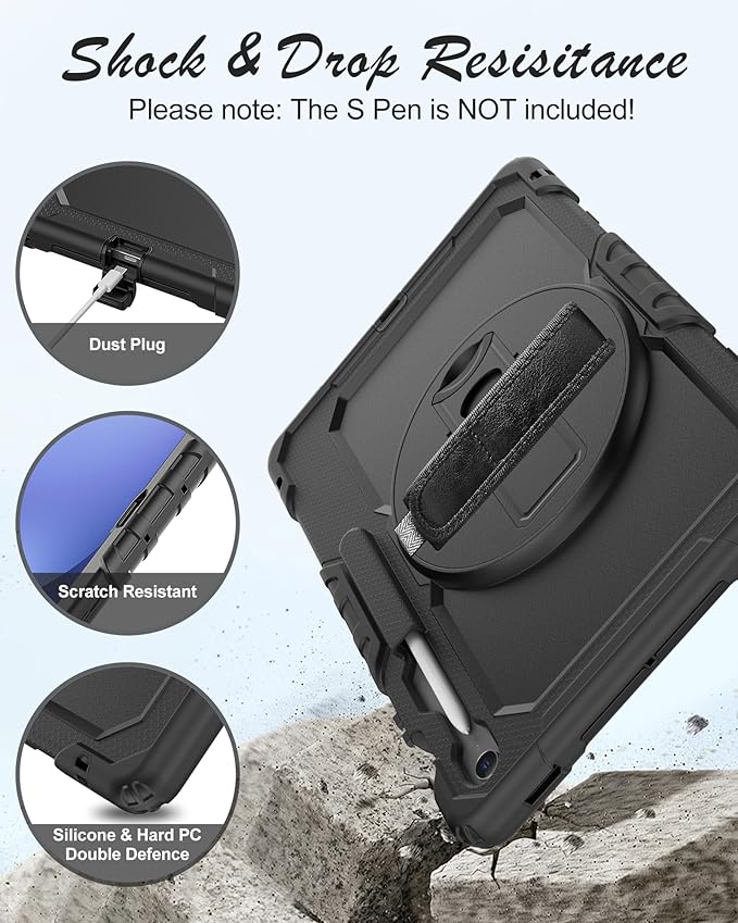 Case for Samsung Galaxy Tab S10 FE Plus 5G Tablet 13.1'', Shockproof Protective Cover with Tempered Glass Screen Protector, Rotatable Kickstand, S Pen Holder, Hand/Shoulder Strap, Black
