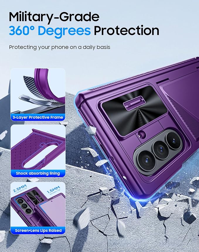 for Samsung Galaxy Z Fold 7 Case with Card Holder RFID Blocking, Built in Slide Lens Cover & Hinge Protection & Screen Protector, Shockproof Wallet Case for Z Fold 7 (Purple)