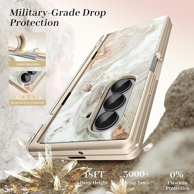 GVIEWIN for Samsung Galaxy Z Fold 7 Case Built-in HD Screen Protector [Compatible with Magsafe][Hidden Kickstand] Magnetic Full-Body Hinge Protection Slim Phone Case for Z Fold 7, Pearlescent/Gold