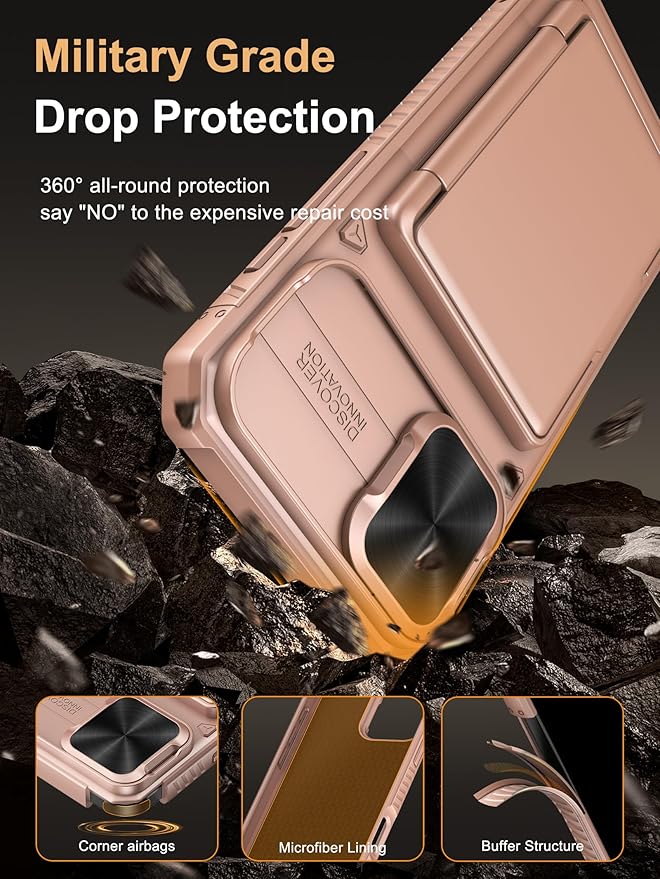 Vihibii for iPhone 16 Plus Case Wallet with Card Holder (4 Cards) [RFID Blocking] & Slide Camera Cover, Military Grade Drop Protection, Rugged Back & Silicone Edge Phone Cover, 6.7" 2024, Rose Gold