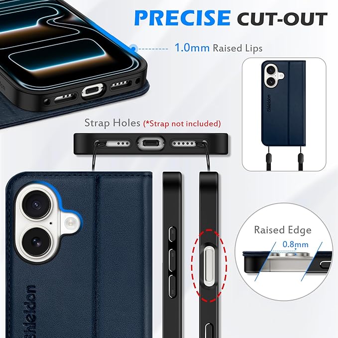 SHIELDON Wallet Case for iPhone 17 6.3-inch 2025 | Genuine Leather | Foldable | RFID Blocking Credit Card Holder | Kickstand | Magnetic Closure | Shockproof TPU Phone Cover | Navy Blue