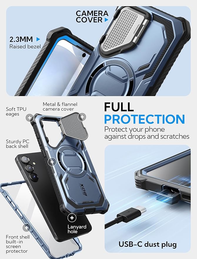 i-Blason for Samsung Galaxy S25 Case with Camera Cover Stand [MagSafe Compatible] [Built-in Screen Protector] Full-Body Military-Grade Protection Rugged Magnetic Phone Case for S25 6.2'', Blue