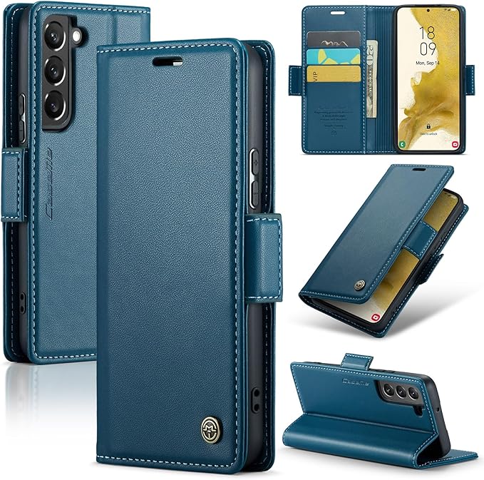AUPAI for Samsung Galaxy S22 Plus Wallet Case with Credit Card Holder, PU Leather RFID Blocking Folio Flip Kickstand Magnetic Clasp Protective Phone Cover for Women Men Blue