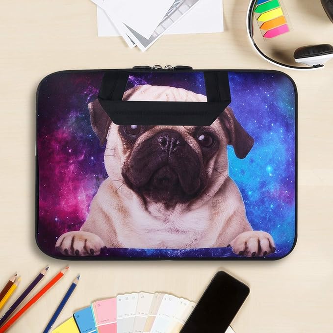 Violet Mist 11 11.6 12 Inch Laptop Sleeve Funny Dog Pattern Laptop Carrying Bag Case with Handle Cute Protective Neoprene Notebook Tablet Computer Travel Cover Pouch Briefcase, Galaxy Pug
