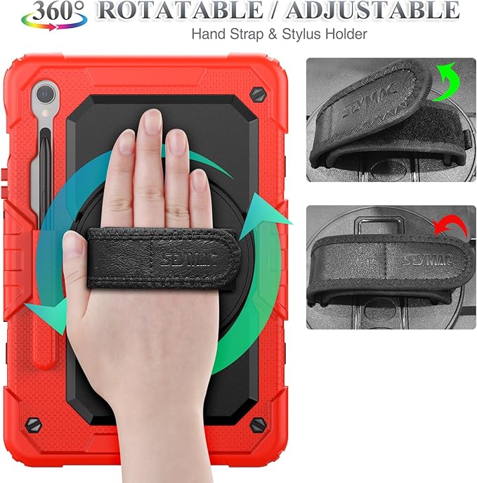 SEYMAC stock Case for Samsung Galaxy Tab S10 Lite / S10 FE / S9 FE 5G / S9 Tablet Case 10.9''/ 11'' Protective with Screen Protector, Pen Holder, 360 Rotate Stand, Hand Strap, Shoulder Strap, Red