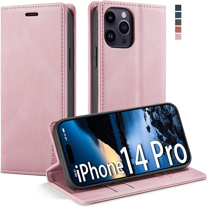 japezop iPhone 14 Pro Wallet Case with [RFID Blocking] Credit Card Slots Folio Magnetic Stand,Leather Flip Case Wallet for iPhone 14 Pro 5G 6.1 Inch (Pink)