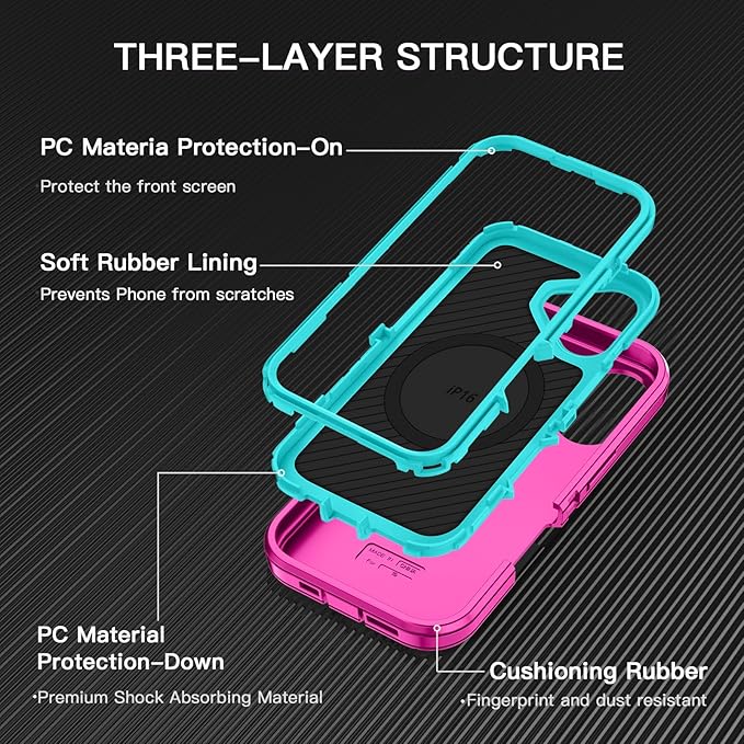 for iPhone 16 Case [Compatible with MagSafe] Shockproof 3-Layer Full Body Protection [Without Screen Protector] Rugged Heavy Duty Cover Case for Apple iPhone 16 6.1",Rose Red/Green