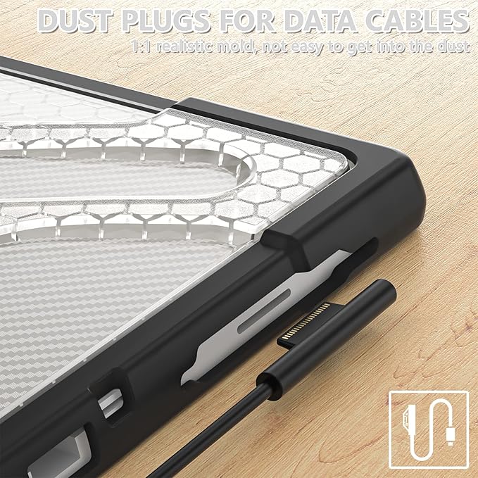 Junfire Protective Case for Microsoft Surface Pro 7 Plus, Surface Pro 7/6/5/4 Shockproof Rugged Case with 360°Rotating Kickstand/Hand Strap/Stylus Holder, Compatible with Type Cover Keyboard,Clear