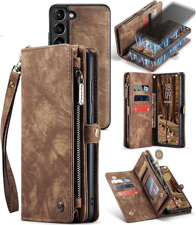 SZHAIYU 2 in 1 Detachable for Samsung Galaxy S23+ / S23 Plus Wallet Case with Card Holder, Retro Premium Flip Leather Cover Magnetic Zipper Pocket Phone Cases 6.6'' (Coffee,S23+/S23 Plus)