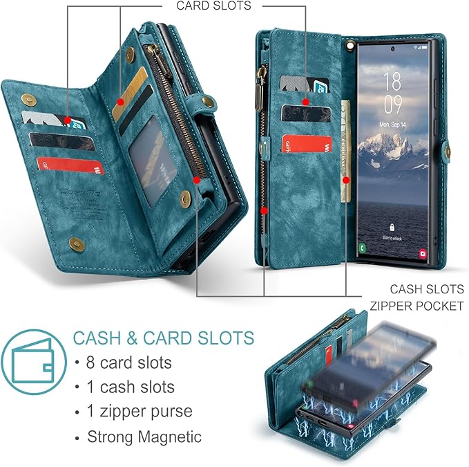 SZHAIYU 2 in 1 Detachable for Samsung Galaxy S24 Ultra Wallet Case with Card Holder, Retro Premium Flip Leather Cover Magnetic Zipper Pocket Phone Cases 6.8'' (Blue, S24 Ultra)