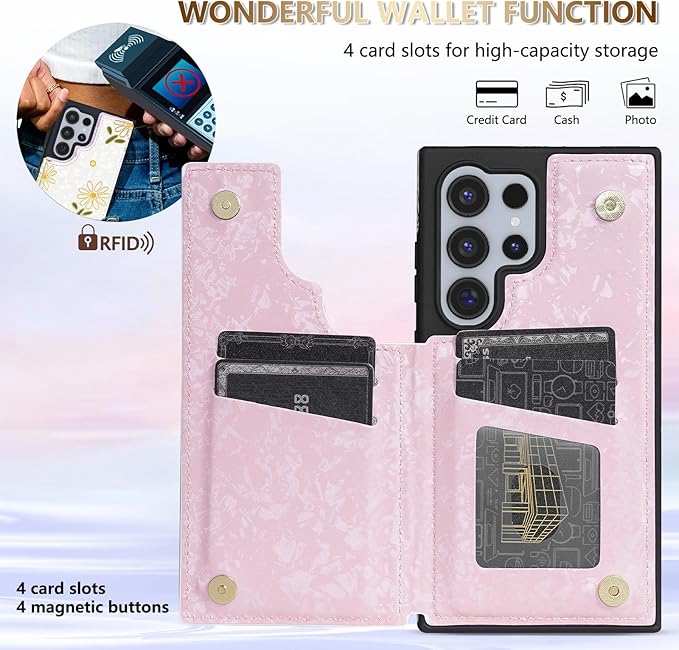 NNH Compatible with Samsung Galaxy S25 Ultra Wallet Case with RFID Blocking Card Slots Flip PU Leather Kickstand Double Magnetic Clasp Design Cover for Galaxy S25 Ultra(6.8 inch-White Little Daisy)