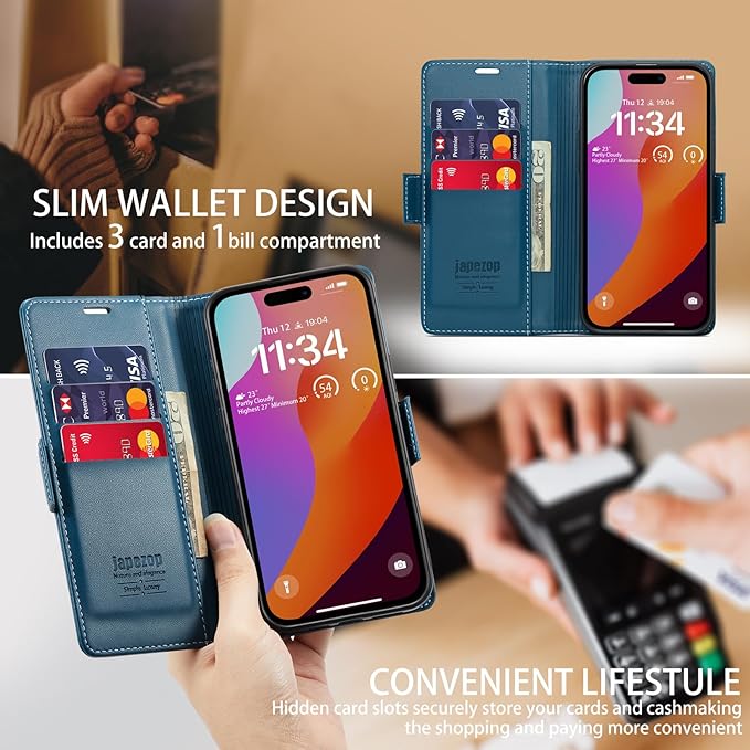 japezo iPhone 15 Pro Max 5G Wallet Case with [RFID Blocking],Card Holder Kickstand Magnetic,Leather Flip Case Wallet for iPhone 15 Pro Max 5G 6.7 Inch (Fashion Blue)