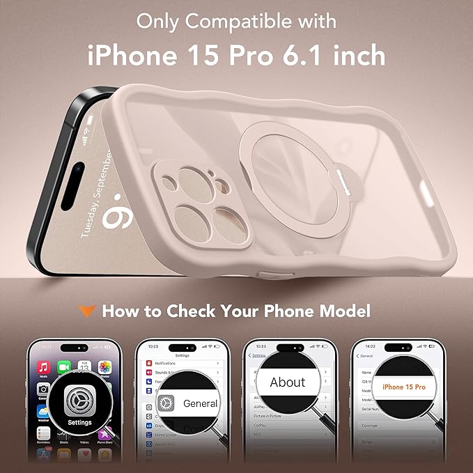 for iPhone 15 Pro Case,[Compatible with Magsafe][360°Magnetic Stand][Cute Wave Edge][18ft Military-Grade Protection] Translucent Matte Phone Women Case for iPhone 15 Pro, Rose Gold