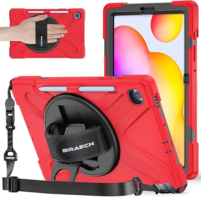 BRAECNstock for Samsung Galaxy Tab S6 Lite Case 10.4 Inch 2024/2022/2020 (SM-P620/P610/P619) Shockproof Protective Silicone Tab S6 Lite Kids Case Cover with Pen Holder Rotating Stand Hand Strap - Red