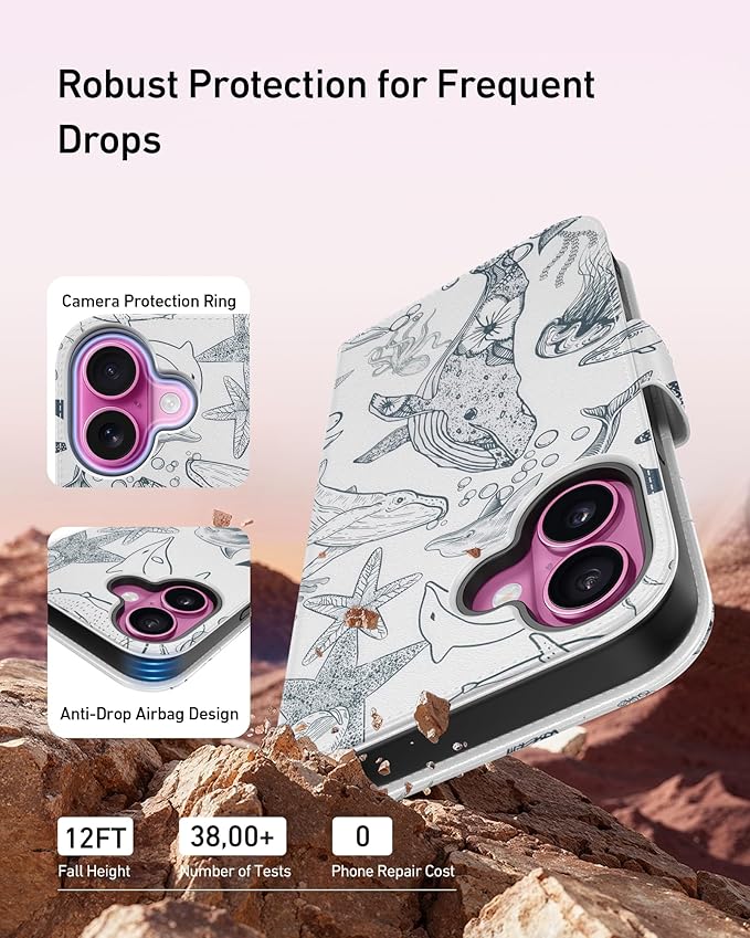 DEENAKIN for iPhone 16 Plus Wallet Case with Card Holder + Cash Clip, RFID-Blocking, Military-Grade Drop Protection, Magnetic Closure with Leather Kickstand - Dynamic Marine Life