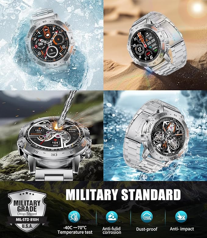 Military Smart Watch for Men(Answer/Dial Calls),1.43'' AMOLED/100 Sports Modes, 5ATM Waterproof Fitness Watch with Heart Rate/SpO2/pedometer for Android and iOS,Round Smartwatch Silver Steel