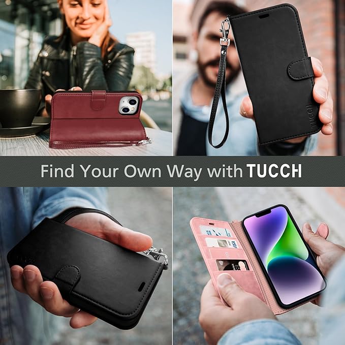 TUCCH Case Wallet for iPhone 14 6.1-inch, [Wrist Strap] RFID Blocking 4 Card Slot Stand [Shockproof TPU Shell], PU Leather Magnetic Flip Cover Compatible with iPhone 14 2022, Black with Wristlet