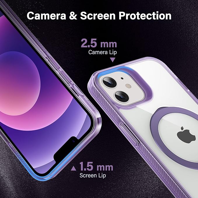 Magnetic Case for iPhone 12/12 Pro - [Built-in Invisible Stand] [Compatible with MagSafe] [Military Grade Drop Protection] Anti-Yellowing Hard Back Silicone Edge Cover, 6.1", Clear Purple