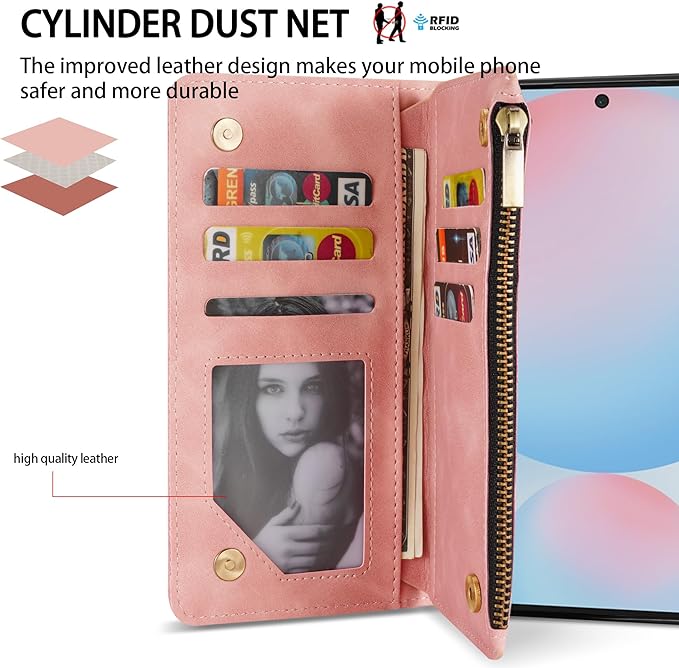 ZZXX for Samsung Galaxy S24 FE Wallet Case with RFID Blocking Card Slot PU Leather Zipper Flip Folio with Strap Kickstand Protective Cover for Samsung Galaxy S24 FE Case Wallet(Pink-6.7 inch)