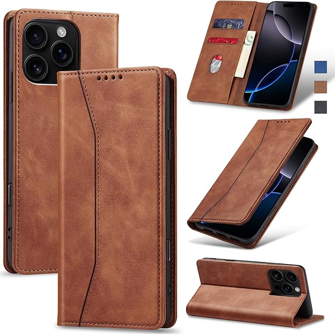 Jasonyu Flip Wallet Case for iPhone 16 Pro Max,Leather Magnetic Folio Cover with Card Holder,Kickstand - TPU Shockproof Durable Protective Phone Case,Brown