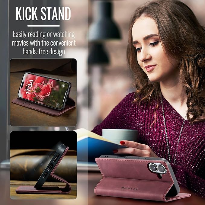 QLTYPRI for iPhone 16 Case Wallet with Card Holder, Vintage PU Leather Kickstand Magnetic Closure Shockproof Folio Book Cover Case for iPhone 16 - Wine Red